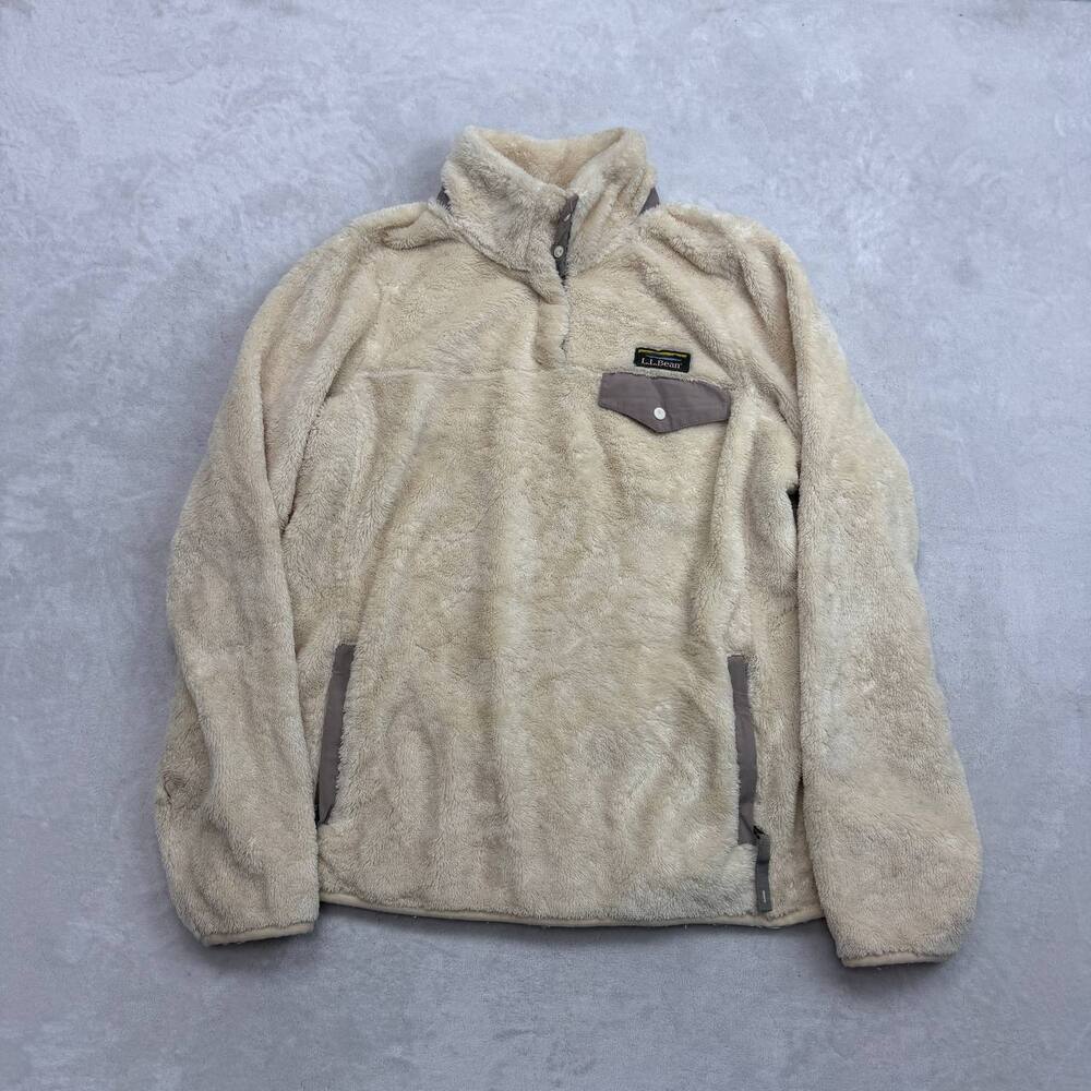 L.L.Bean Women's Pullover Fleece Sweater Cream Size M Hi-Pile Sherpa Snap Neck